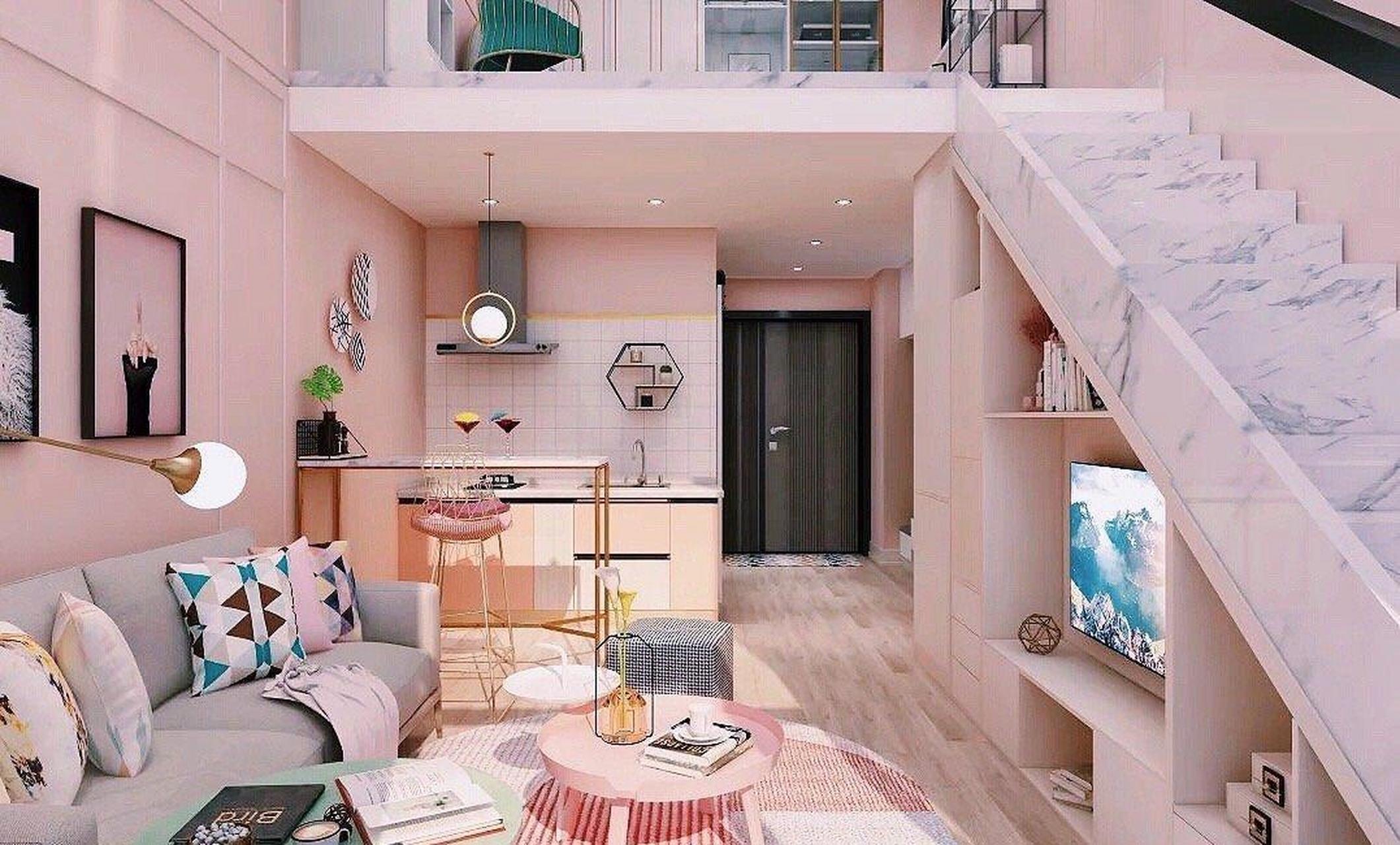 粉色系少女心的loft女生单身小公寓设计.  你喜欢这样的装修吗?