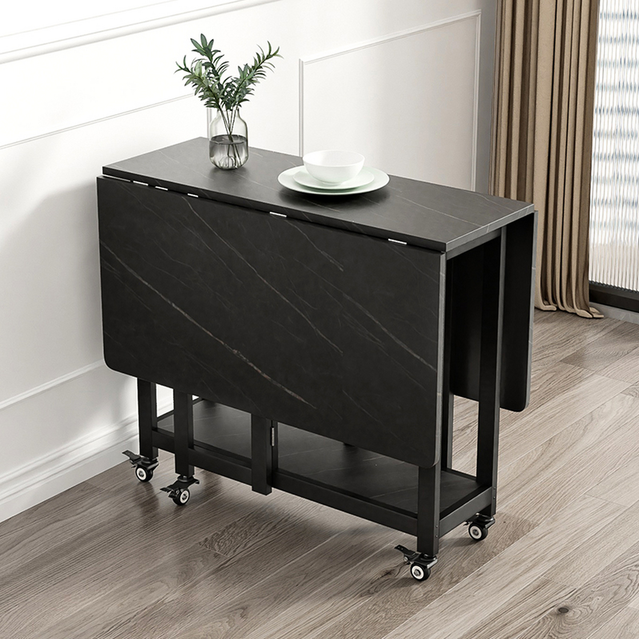 桌子家用简易仿岩板餐桌 现代简约多功能歺桌长方形可收缩折叠桌餐桌