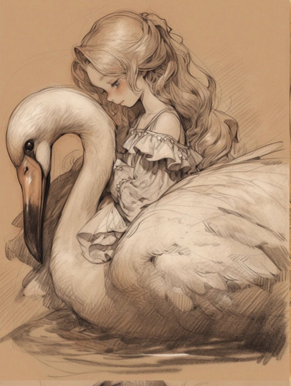 绘画素材——女孩与天鹅