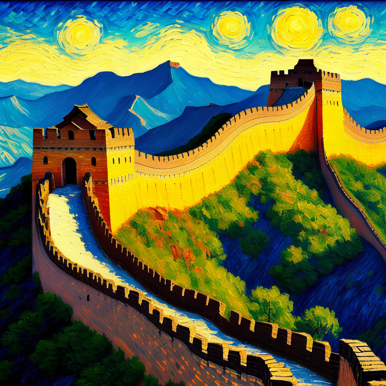 万里长城, 梵高画风, 印象派画法,哪个好看呢?#万云峰环保行为艺术