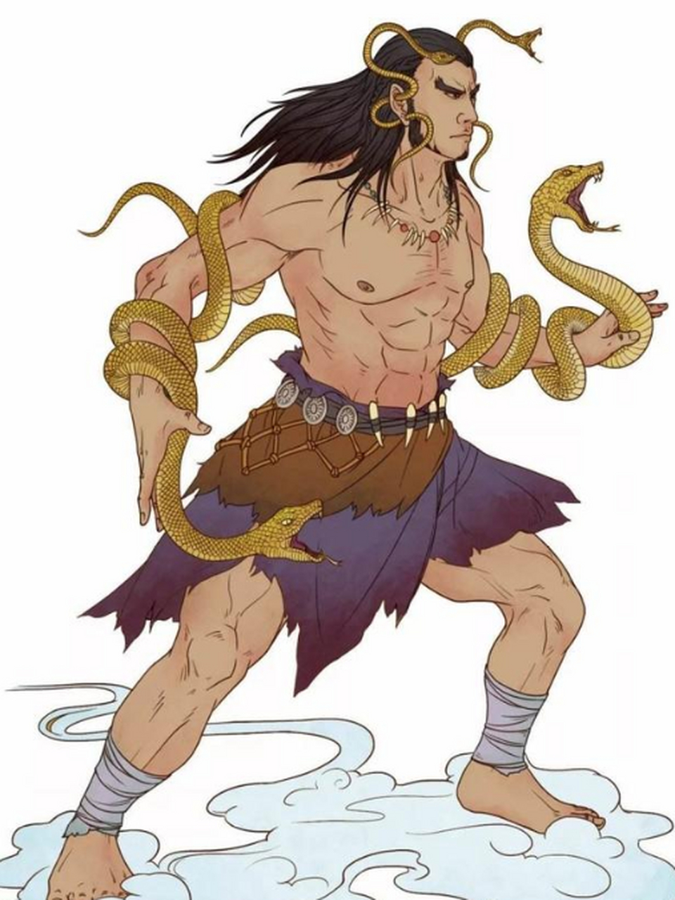 夸父手里握着两条黄蛇,能在他疲惫的时候变成拐杖,还能在他吃东西时