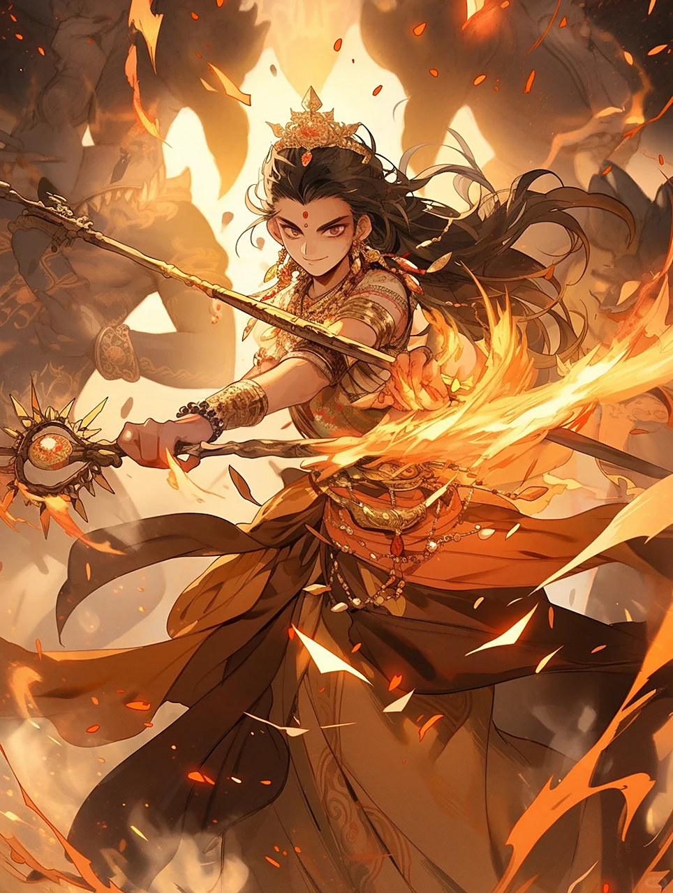 哪吒 以火焰重塑身躯 浴火重生 手拿红缨枪 脚踩风火轮 让火焰焚尽