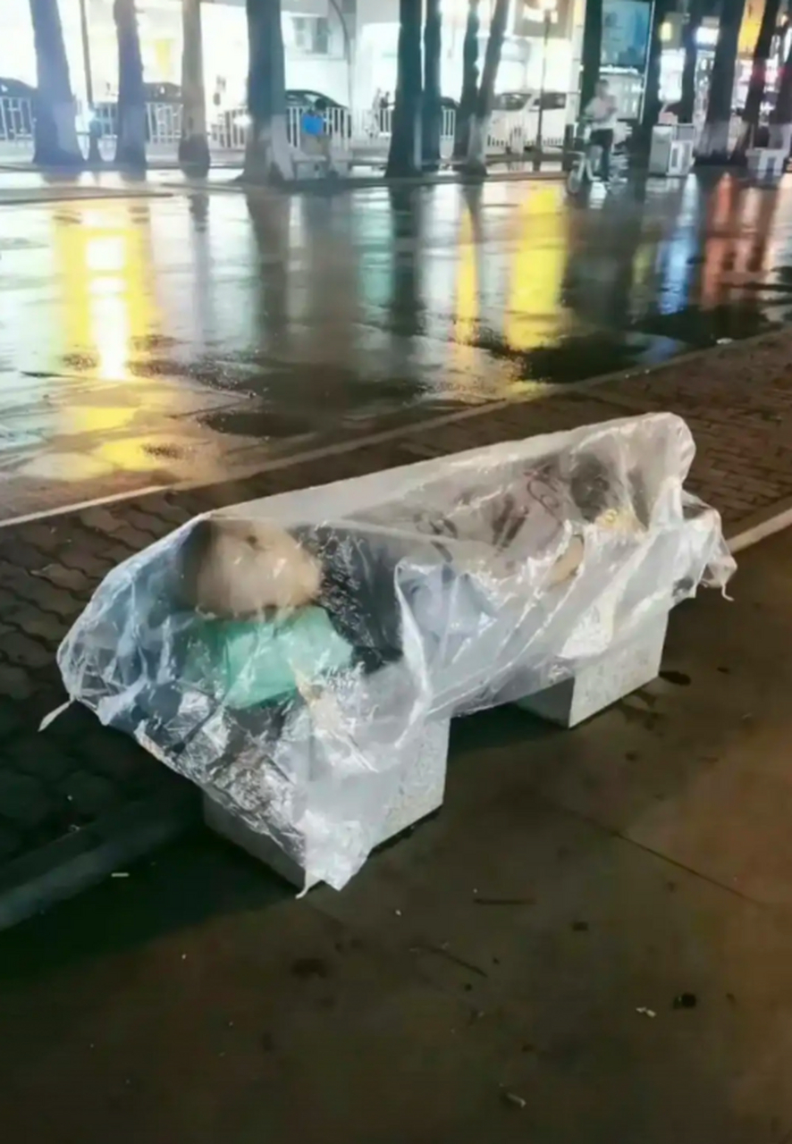 下雨天流浪汉在大街上是这样睡觉的,看着让人心酸!