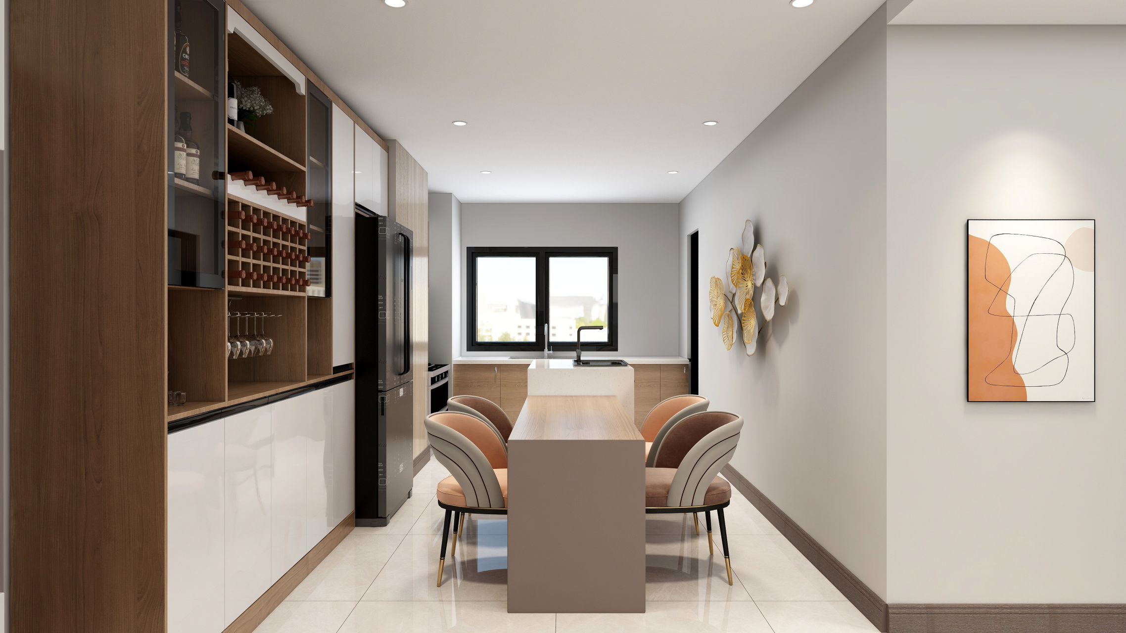 144㎡ 现代风格 客厅选用简约l型沙发,色彩搭配简单明了,搭配白色的