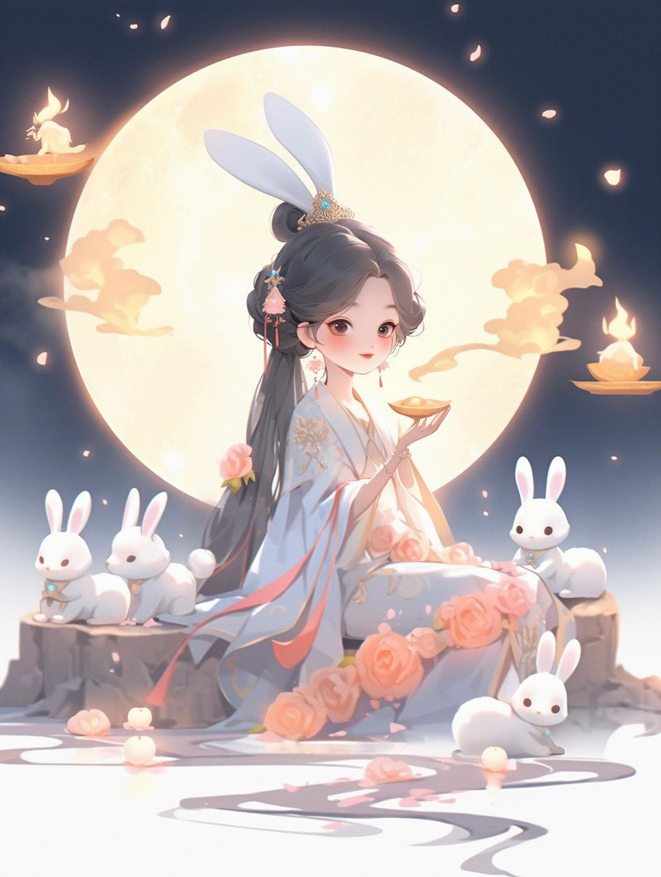中秋|嫦娥玉兔可爱治愈  关键词:中秋节,一位仙女嫦娥身着中国古装,和