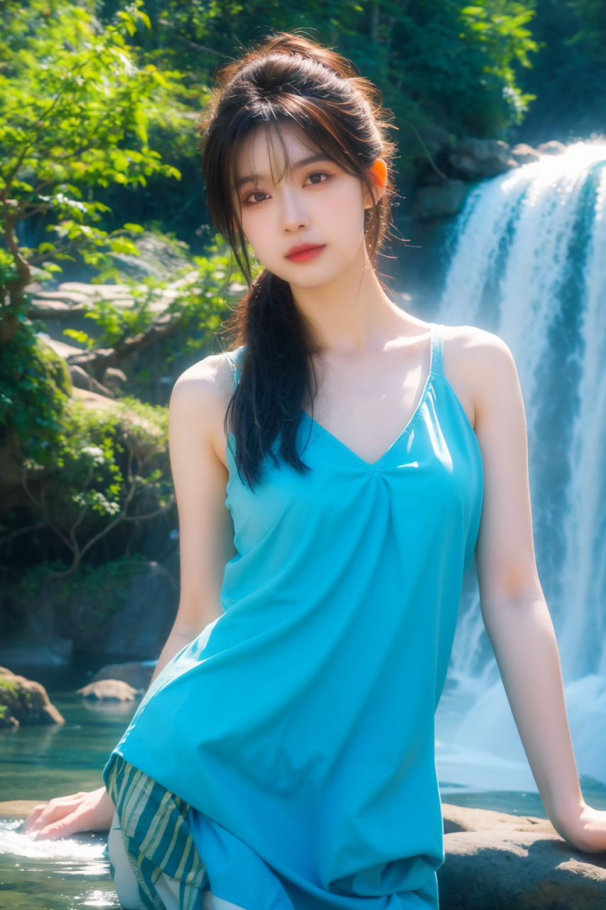山涧,瀑布,小溪,美女 #ai美女