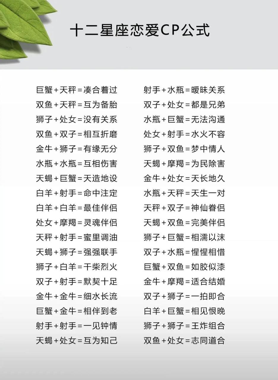 十二星座恋爱cp公式