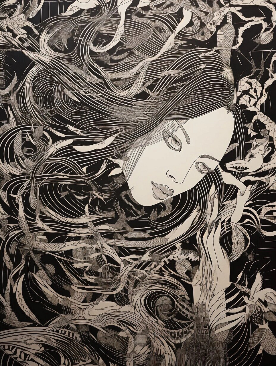 绝美女性侧颜杀·黑白木刻版画·码住  我此刻正沉浸在一幅绝美的艺术