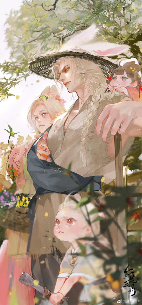 哮天犬和玉兔拟人,红花血月太太的画风真是绝美啊.(画师wb:红花血月)