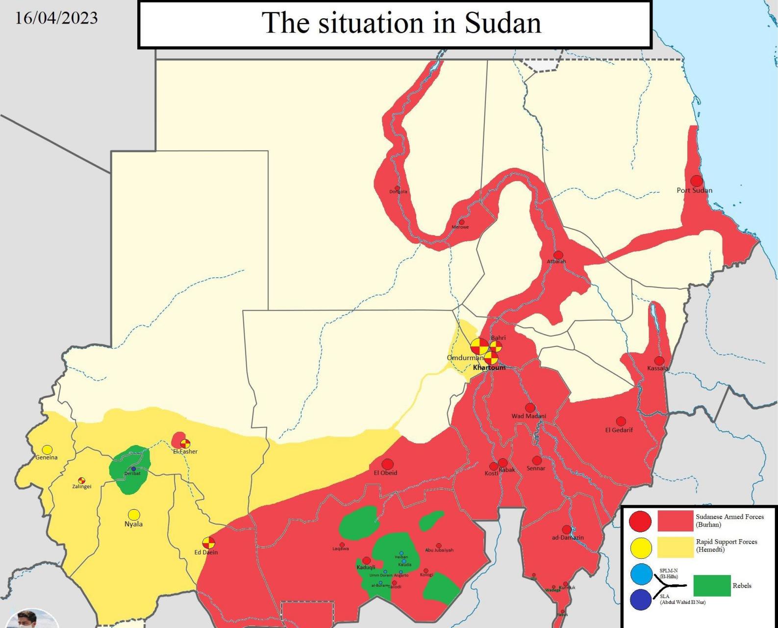 苏丹战争局势,红色为苏丹政府军控制地区,黄色为苏丹"快速反应部队"系