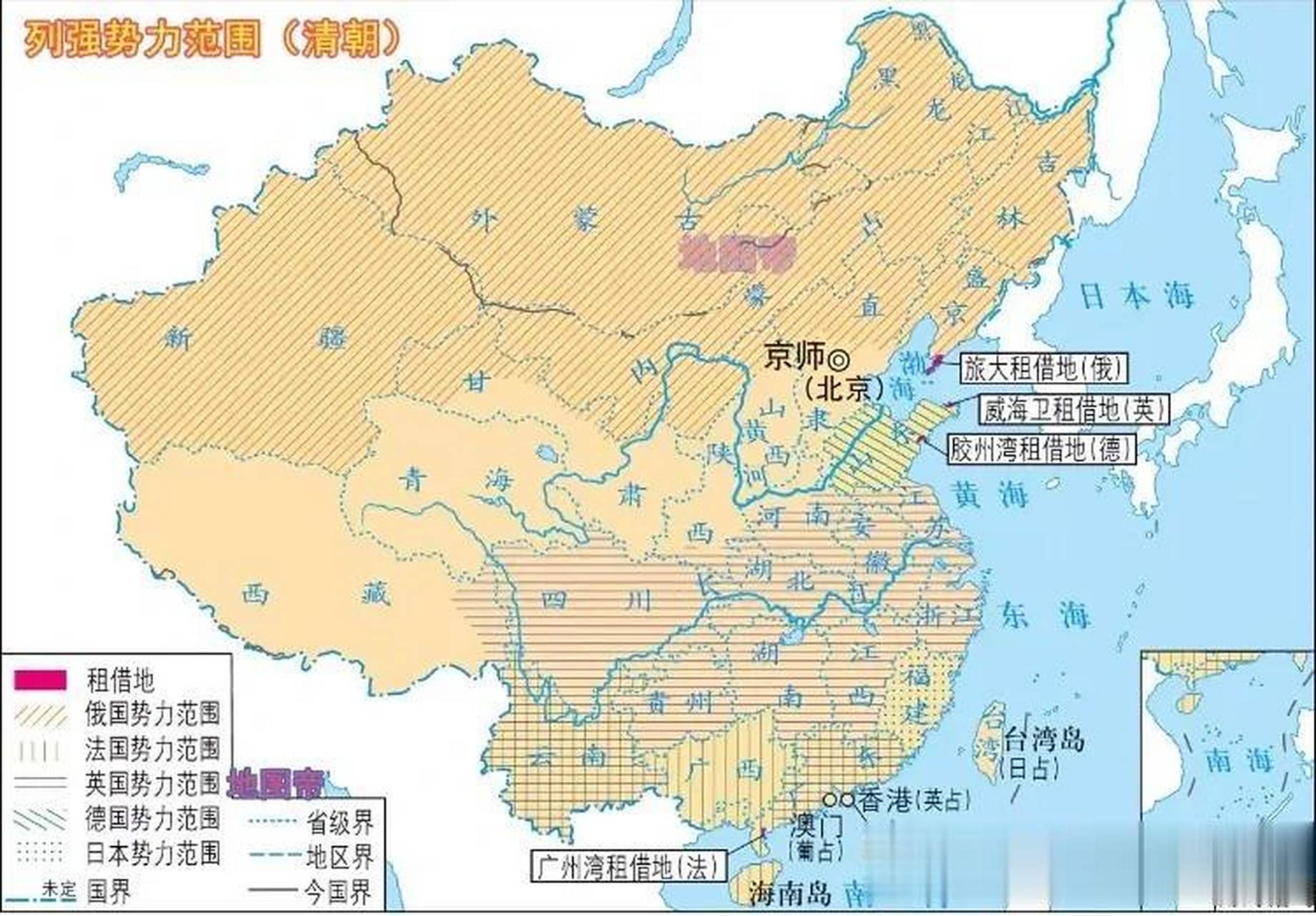 一图看懂清末列强在我国的势力范围:租借地有:旅大