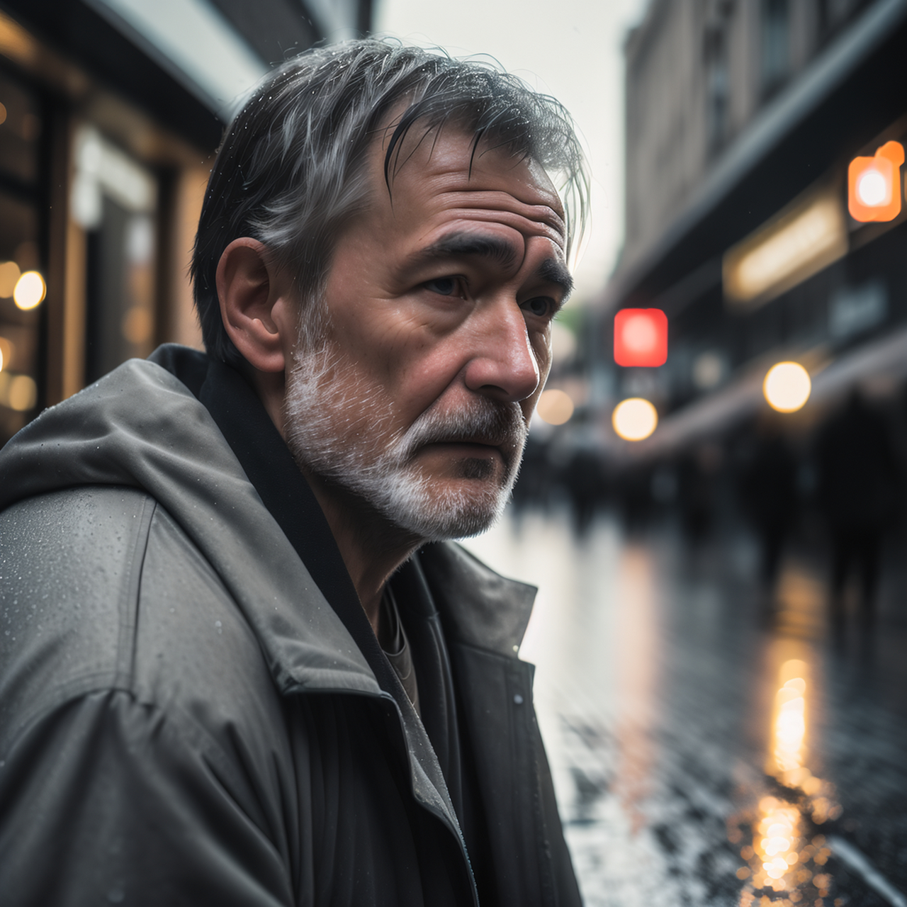 在雨夜的街道上,一个孤独落寞的中年男人漫无目的地行走着.