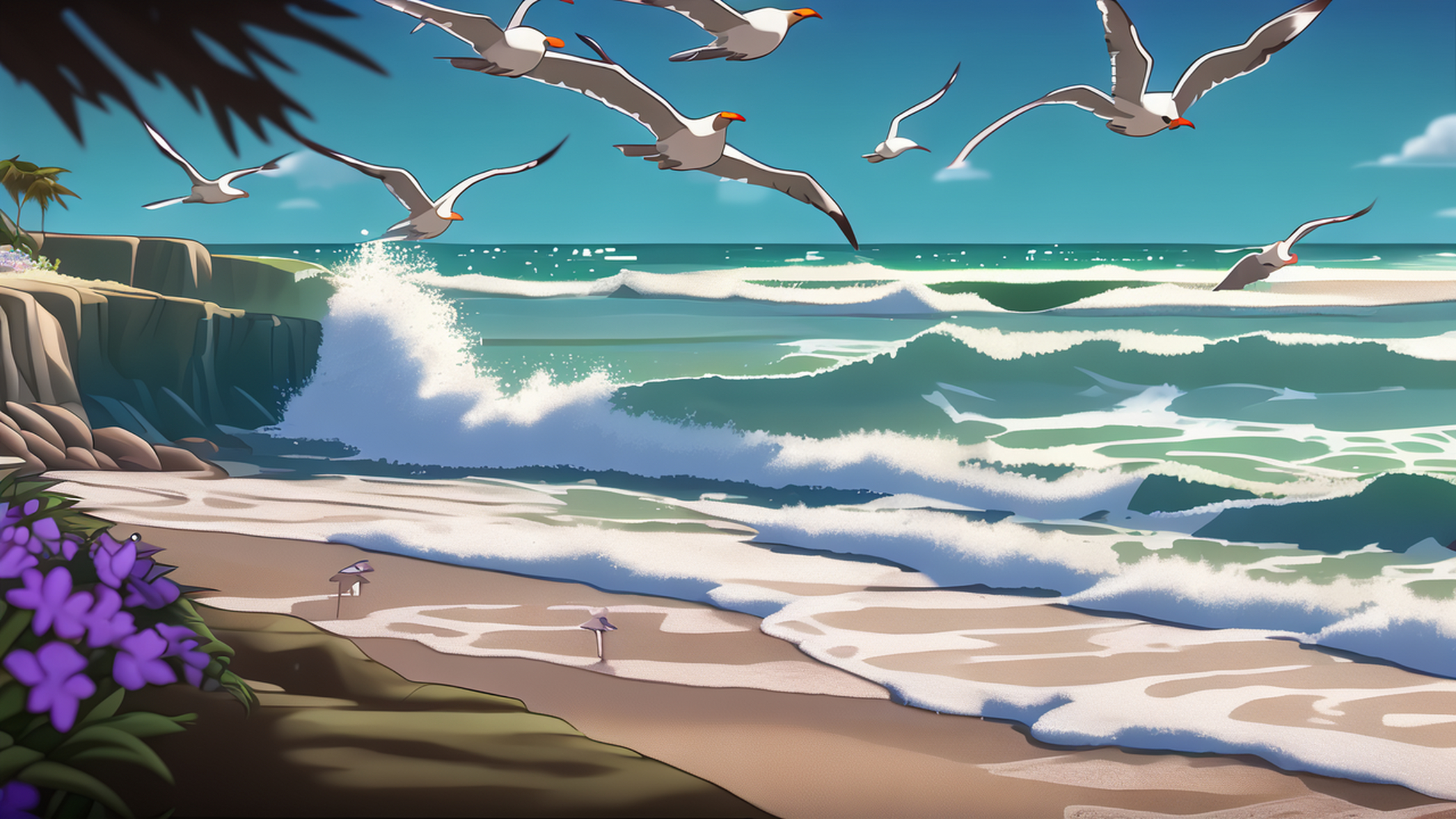 沿着海岸线漫步,海浪轻拍着沙滩,海鸥翱翔在空中.#文心一格