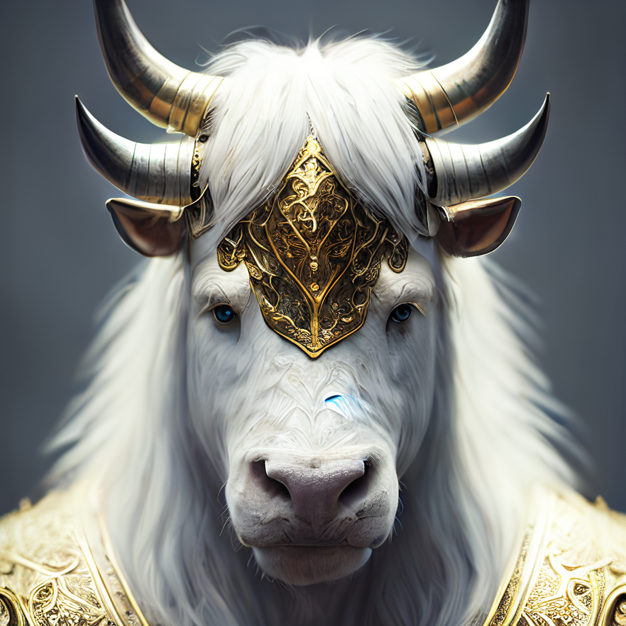 百度ai绘图黑科技#拟人化庄严的白牛圣骑士,肖像,白鬃毛,详细的金色