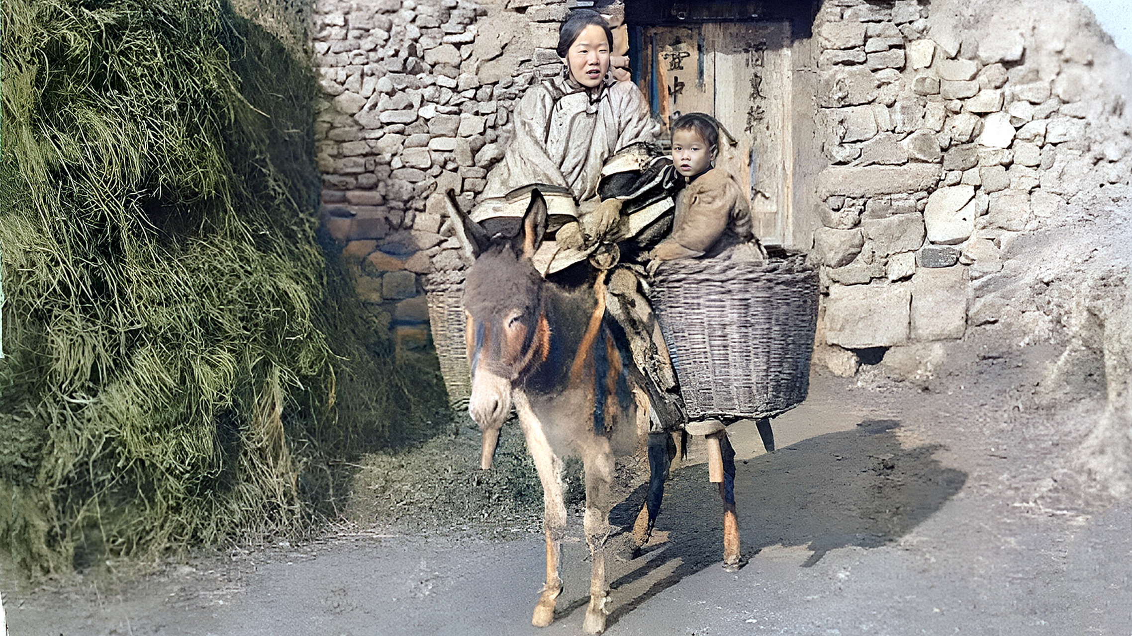 1902年,一位妇女骑着小毛驴载着女儿回娘家.