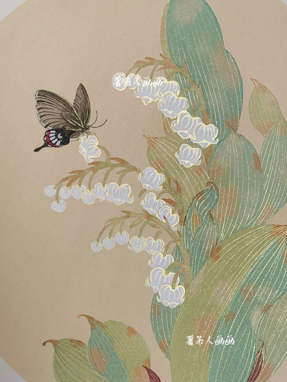 发光的铃兰 蝴蝶 国画没骨画