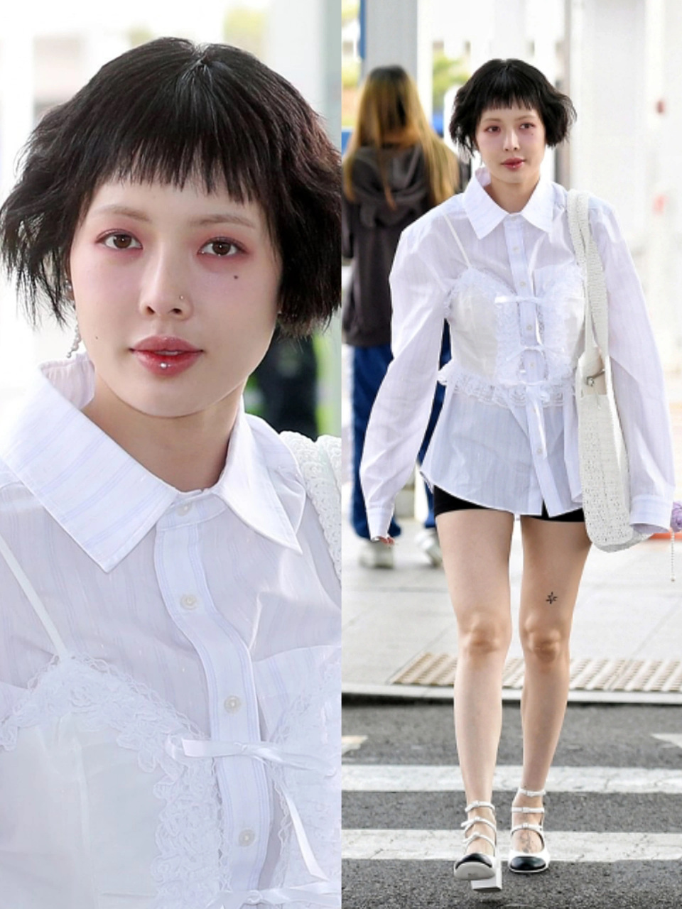 洋娃娃一般的泫雅 机场随拍,黑色短发搭配白色衬衫,时髦又洋气!