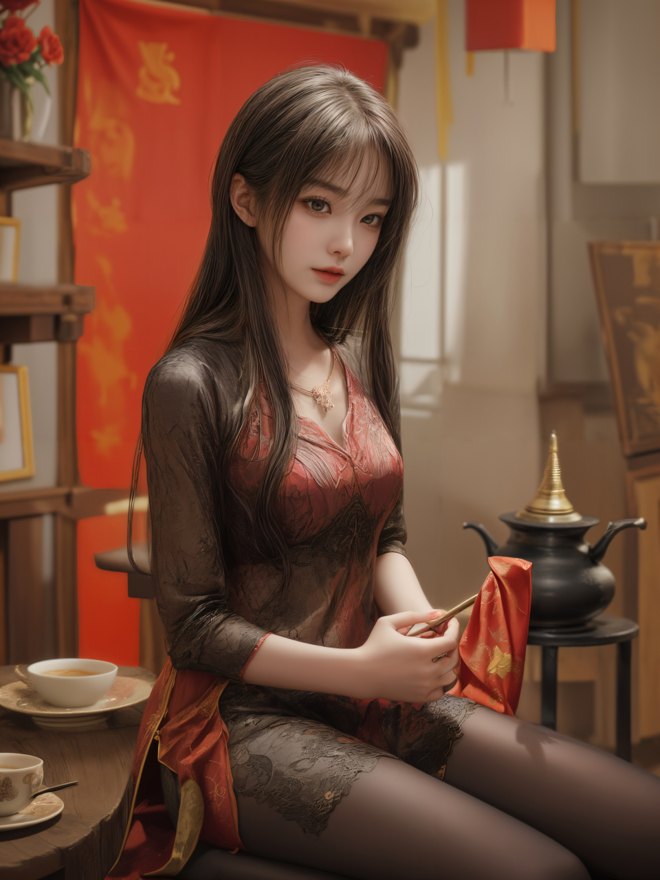 ai美女图片#每日ai美女秀	这是一个湿润的午后,红色旗袍和下午茶的