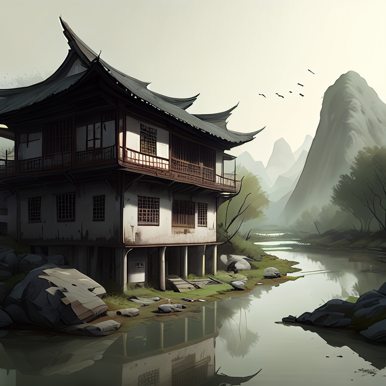 百度ai绘图黑科技#江家旧宅枕溪头,谁向溪湾著小楼.