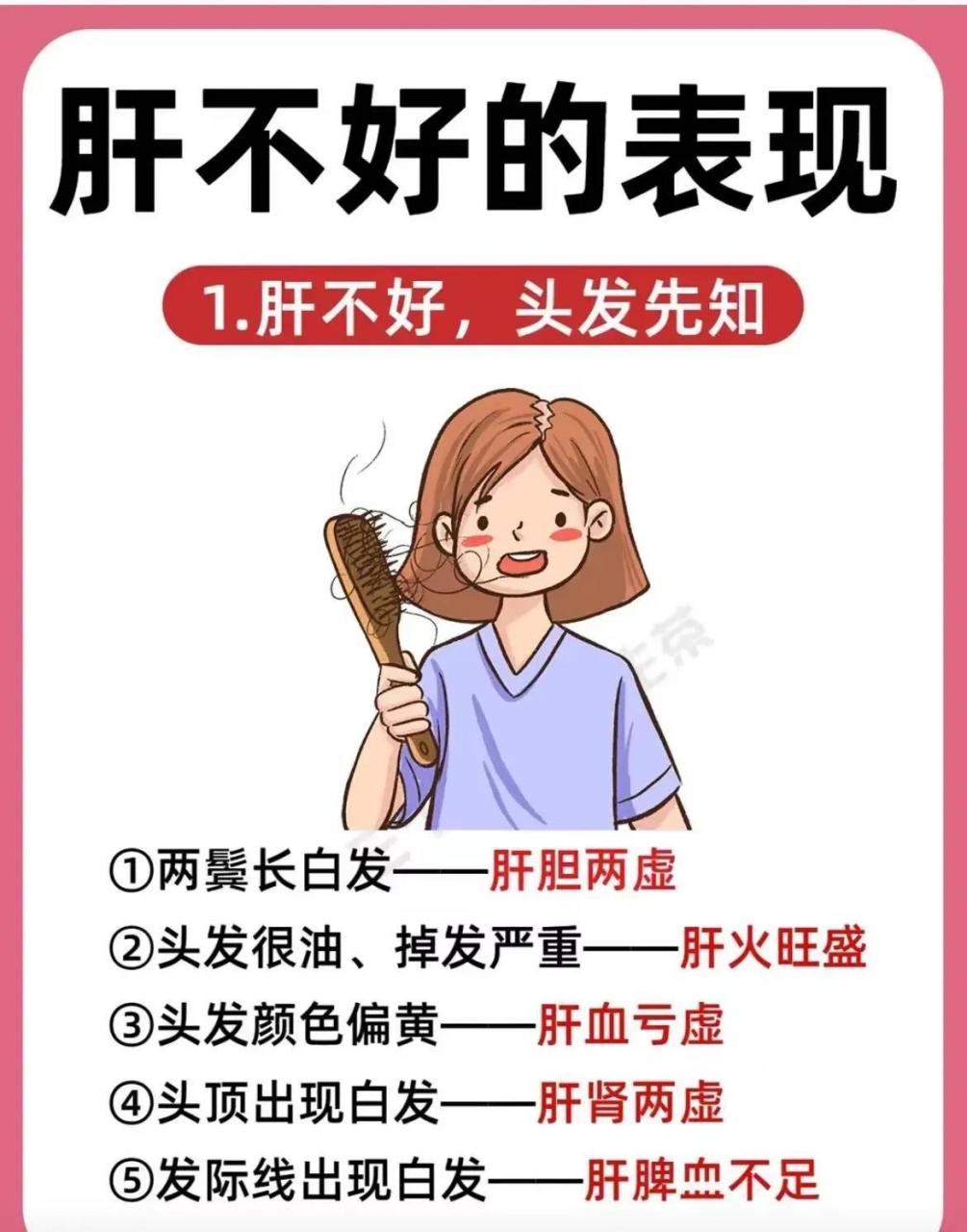 肝不好的表现: ①两鬓长白发——肝胆两虛 ②头发很油,掉发严重