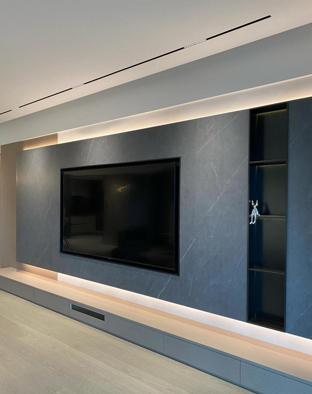 被问爆的悬浮电视背景墙,拖延症來更新了 没有选择鱼肚白,雪花白岩板.