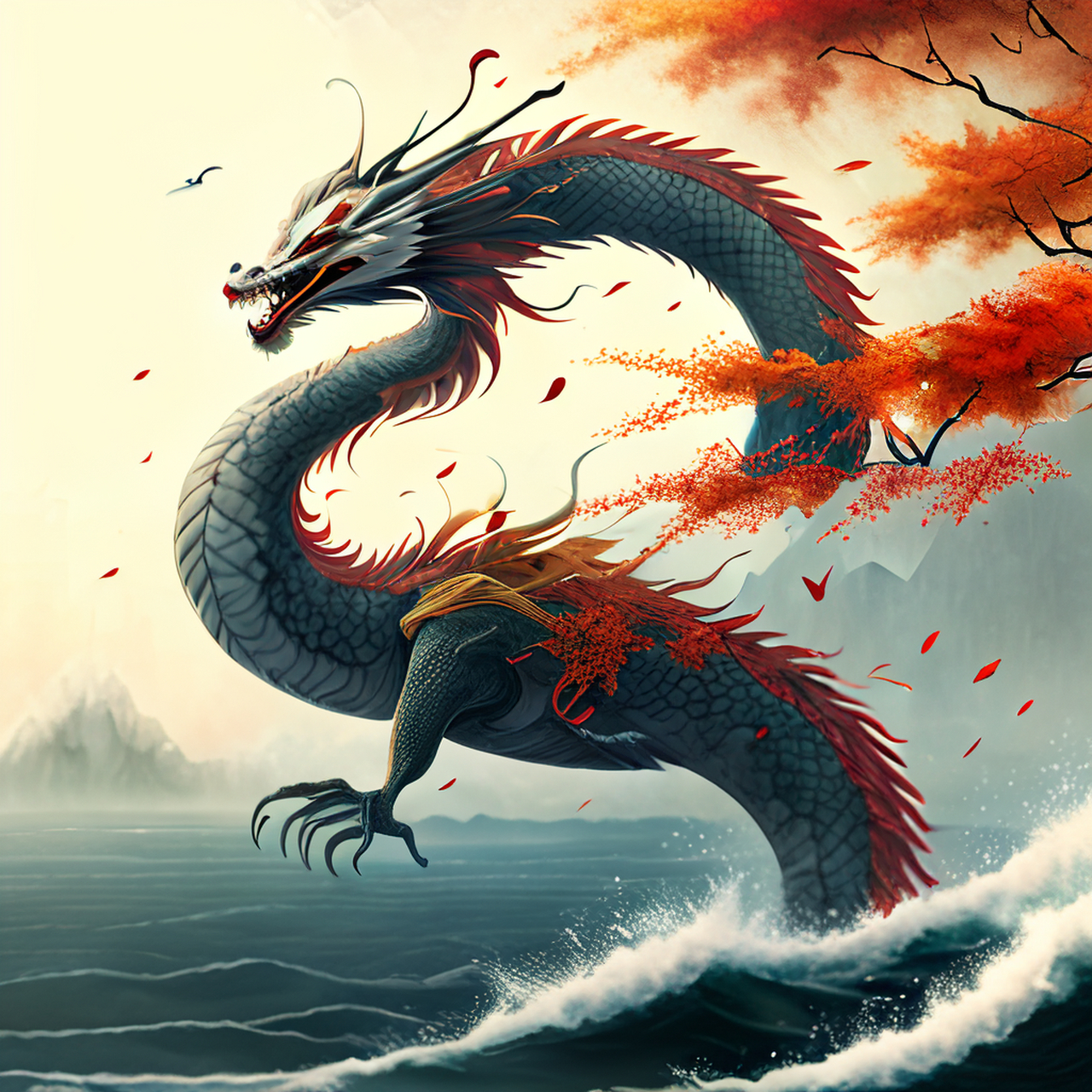 海天龙上下,秋日鹤翱翔.绚丽,生动,4k#百度ai绘图黑科技