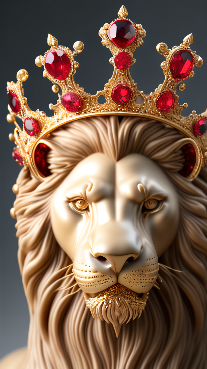 ai绘画:关键词 宝石王冠,王冠整体狮子造型,正中央金狮子头顶一颗大红