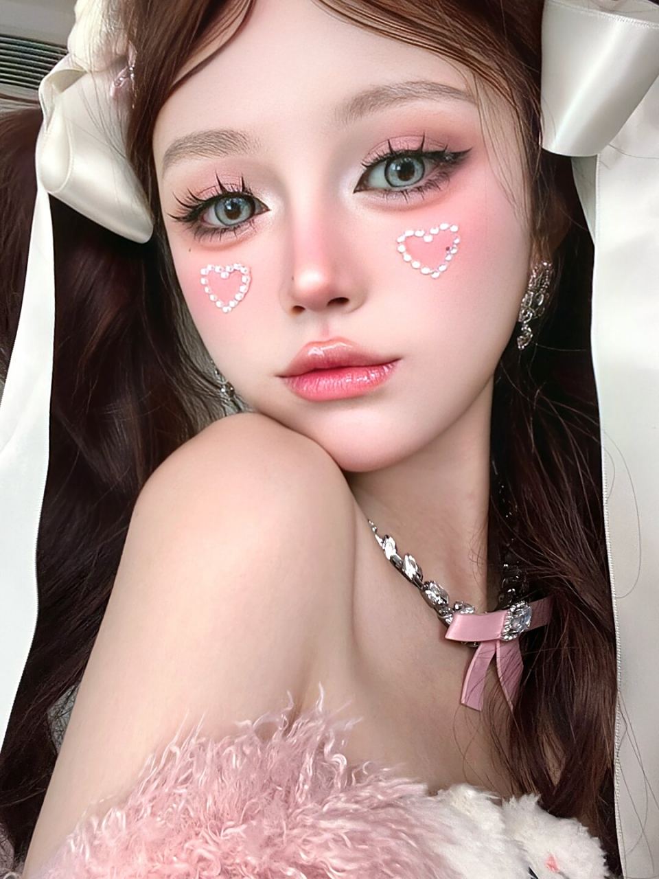 爱心闪钻贴纸与粉色兔系妆容的完美搭配,真的让人感觉好甜好可爱!