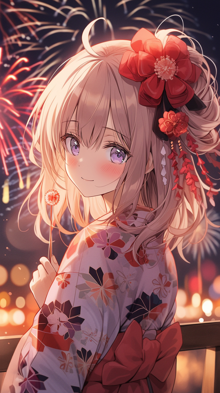 夏日祭典, 少女, 和服, 烟花 #mj# #ai绘画# #壁纸# #动漫壁纸# #手机