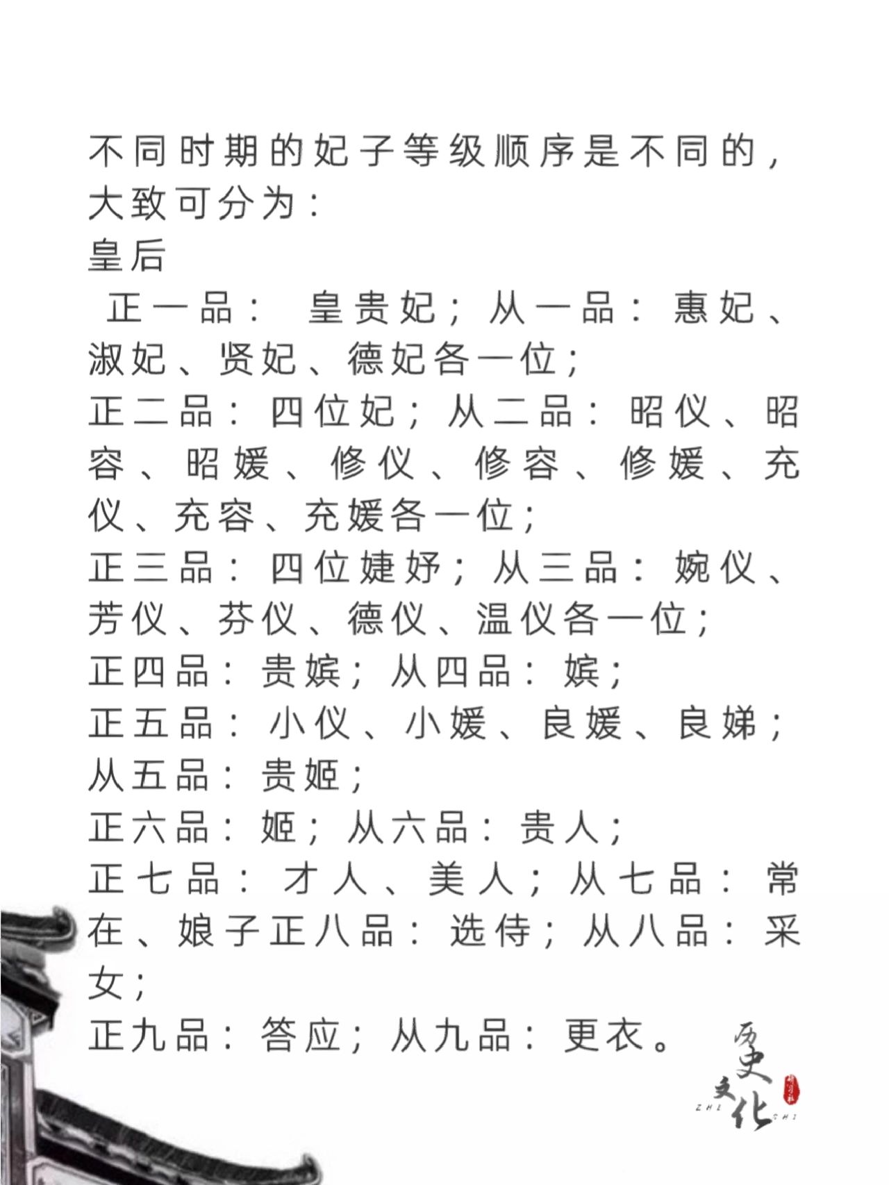 古代妃子的位分排序表  不同时期的妃子等级顺序是不同的,大致可分为