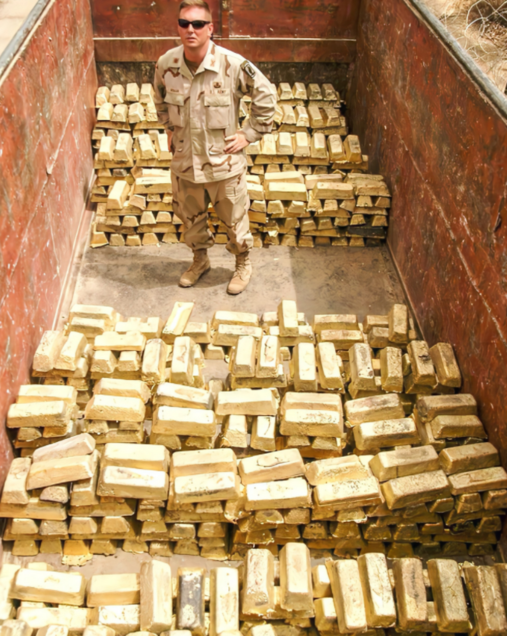 照片中的两名美国士兵正在相互配合,努力地撬取伊拉克