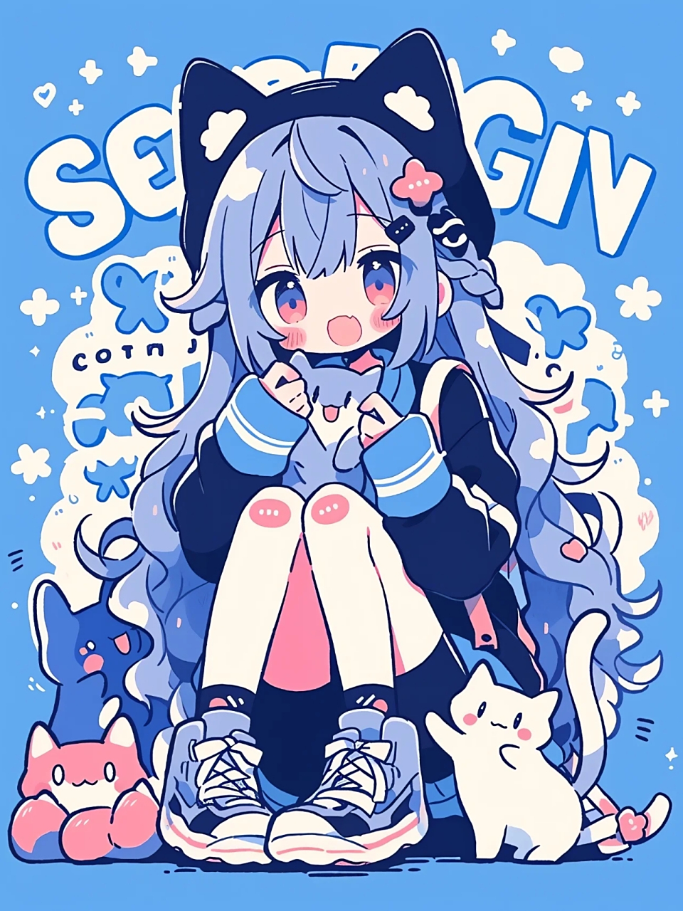 midjourney创意涂鸦艺术  猫系女孩坐姿 我喜欢抱着猫猫坐在地上玩耍