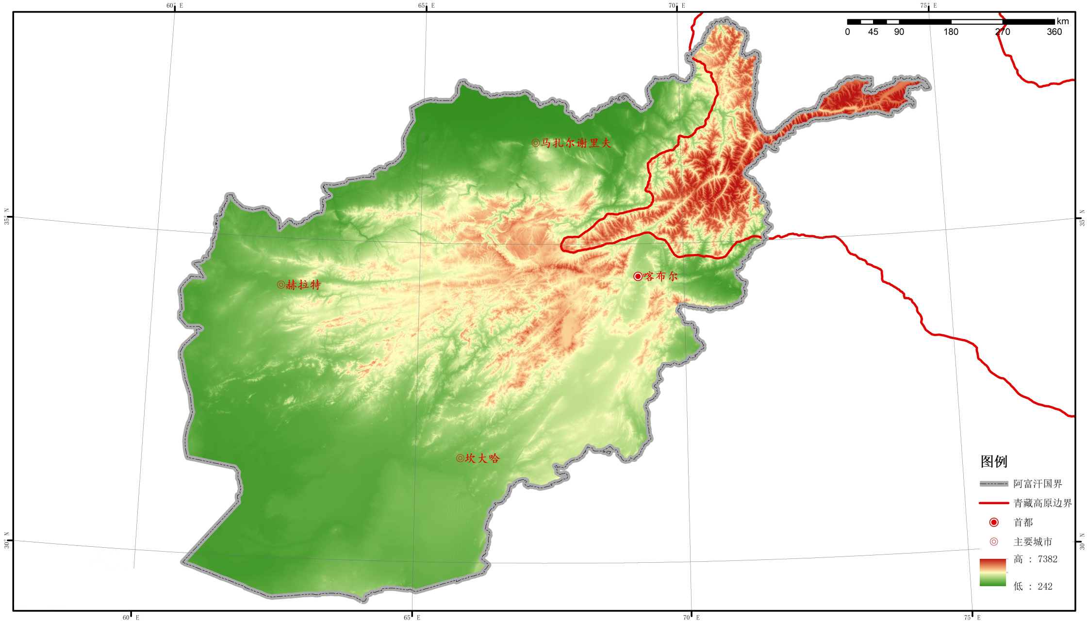 西亚国家阿富汗地形图