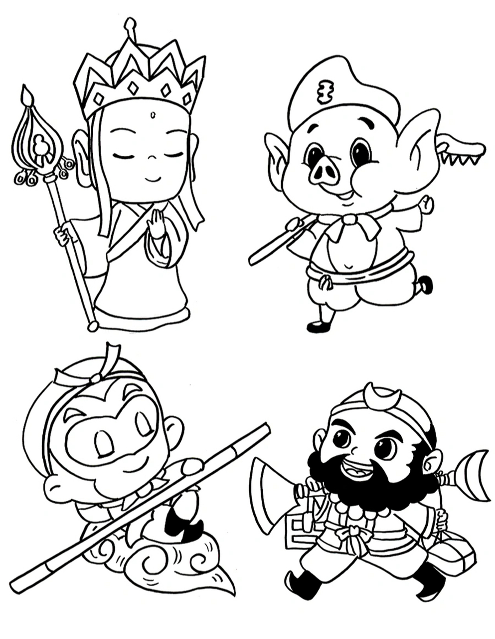 通过欣赏和观察《西游记》中师徒四人的外貌特征,结合素材发挥想象