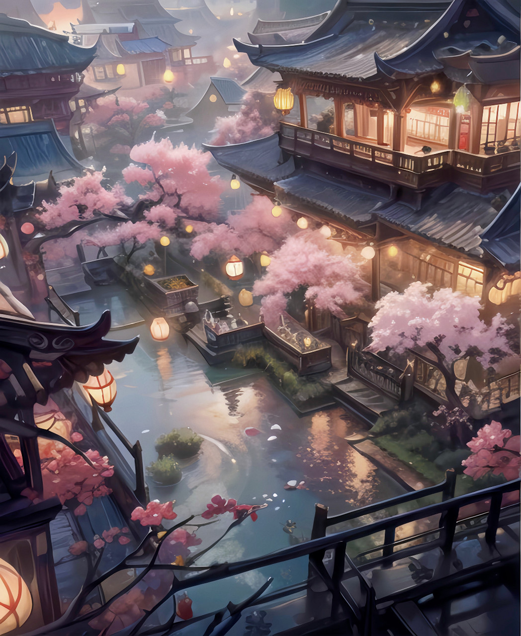 "楼阁倚江滨,桃花照暮春." #ai共创计划# #ai绘画# #中式庭院集