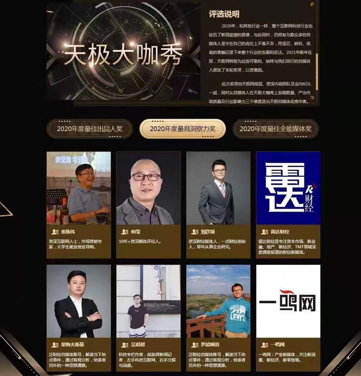 罗超频道,荣获头部it门户天极网自媒体大咖秀"2020年度最具洞察力奖.