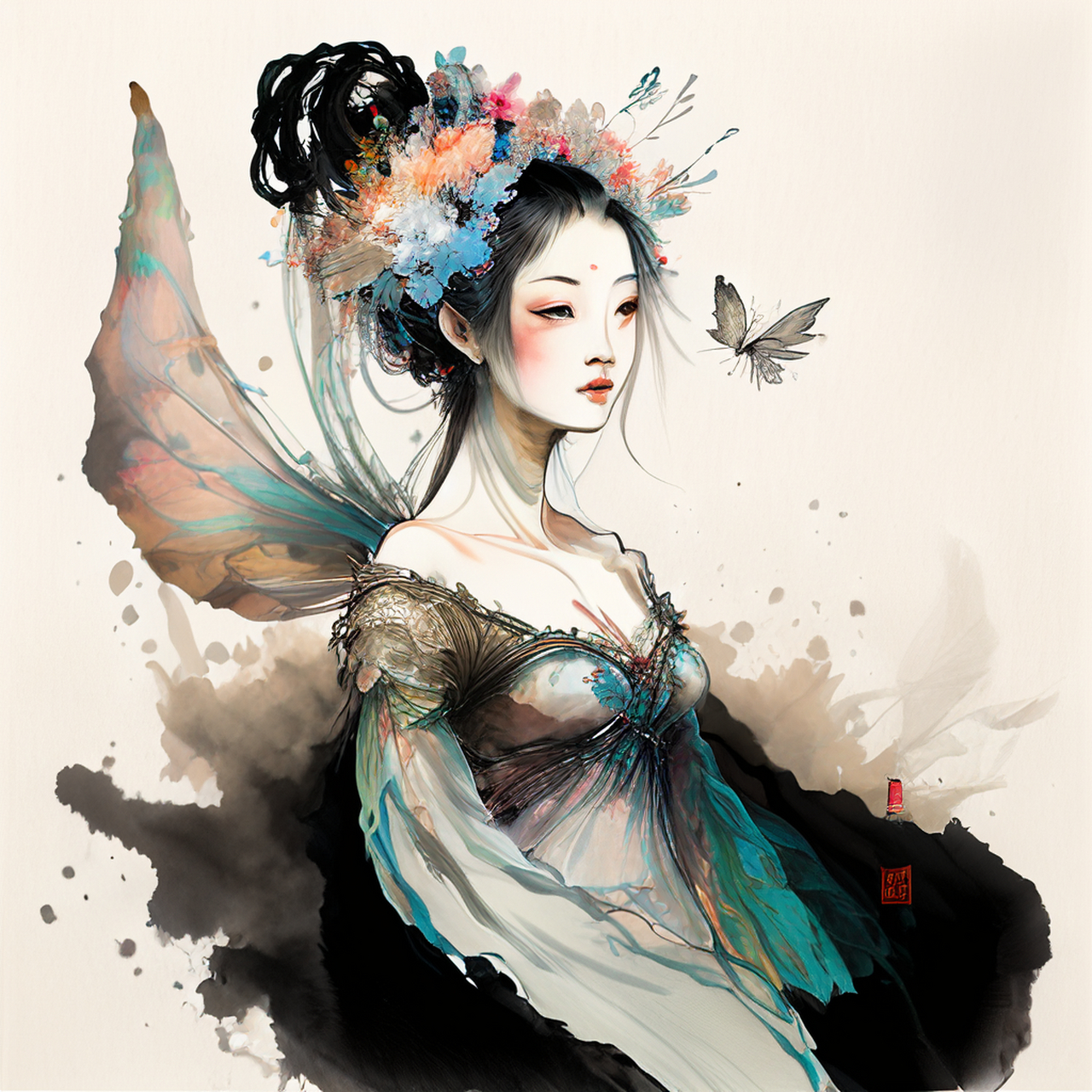 在中国古代神话中,一位美丽的精灵仙女,身穿仙女般的白纱,背景中有