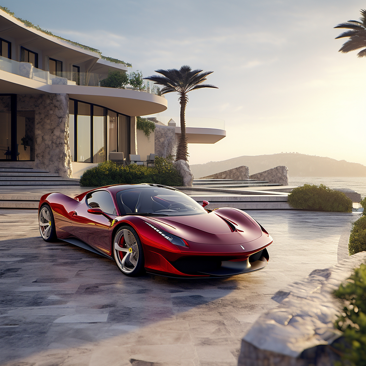 ai作图分享,国庆快乐,跑车,豪宅,美景 prompt: 一辆法拉利概念车在