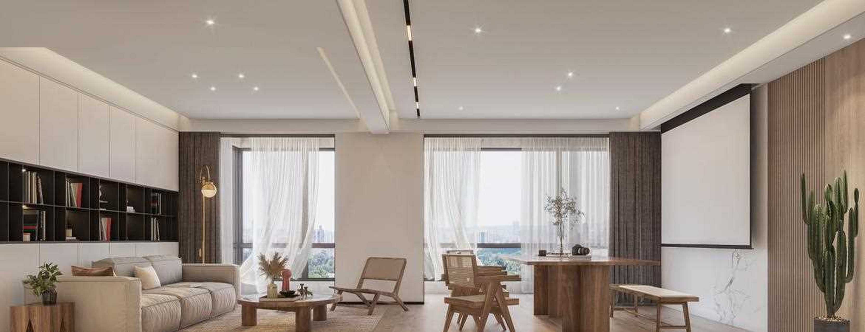 宽敞大气的客厅天花吊顶做无主灯设计,照明以暗藏灯带和磁吸轨道灯