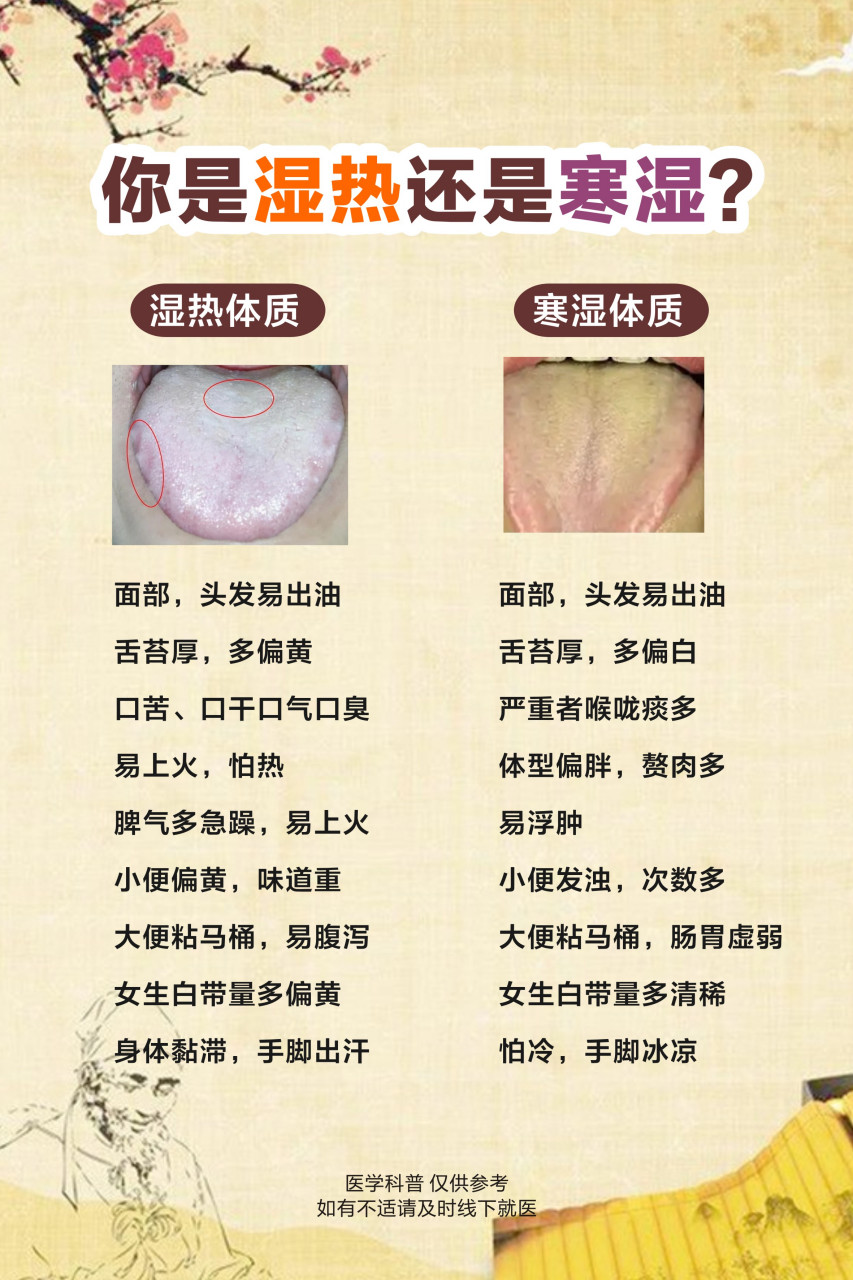 湿热属于阳热,而寒湿属于阳虚,二者的表现会有所不同,但二者均有湿证