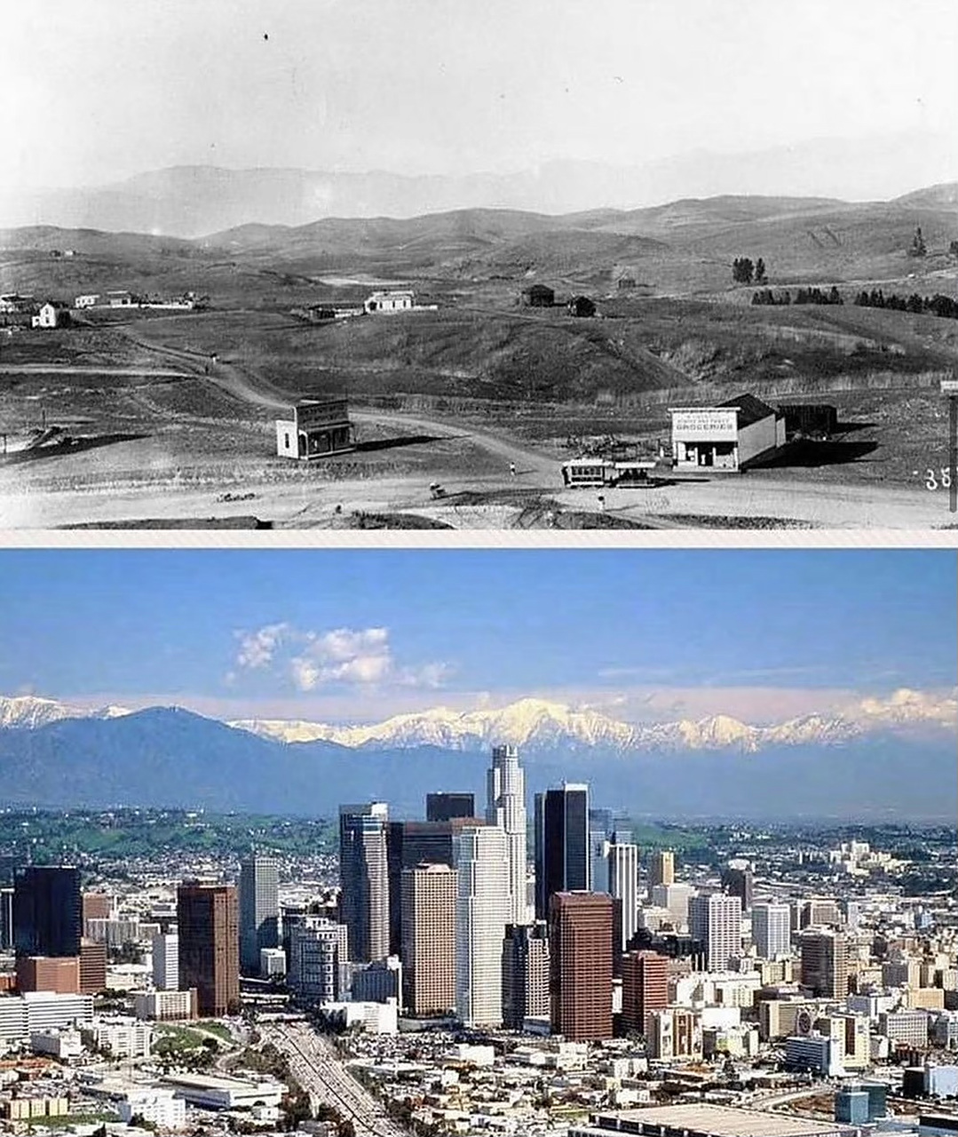 1901年拍摄的洛杉矶市中心,以及正好100年后的2001年拍摄的洛杉矶市