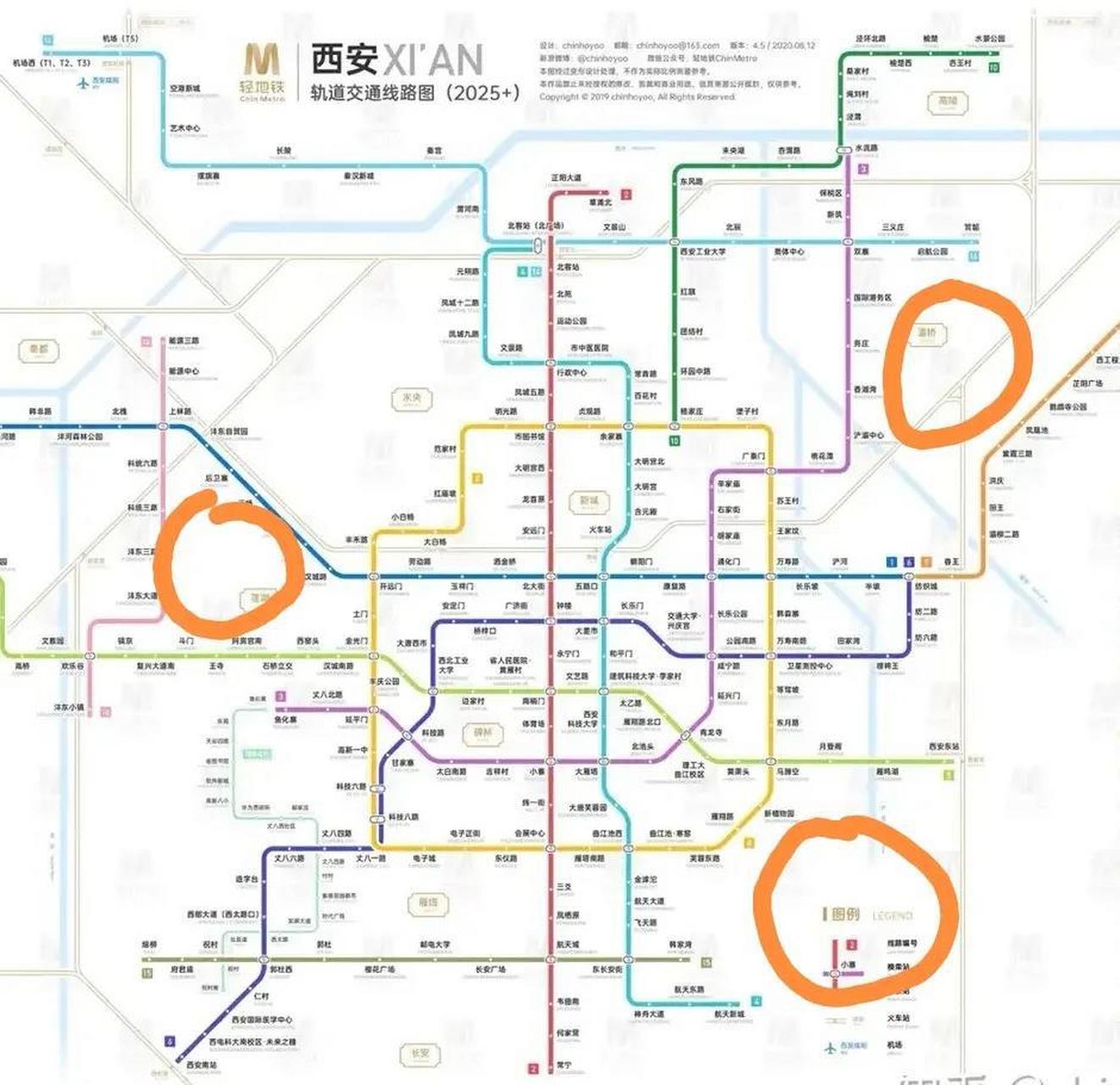 西安2025年地铁规划图,可以看到被遗漏的3个区域,东北角浐灞生态区,河