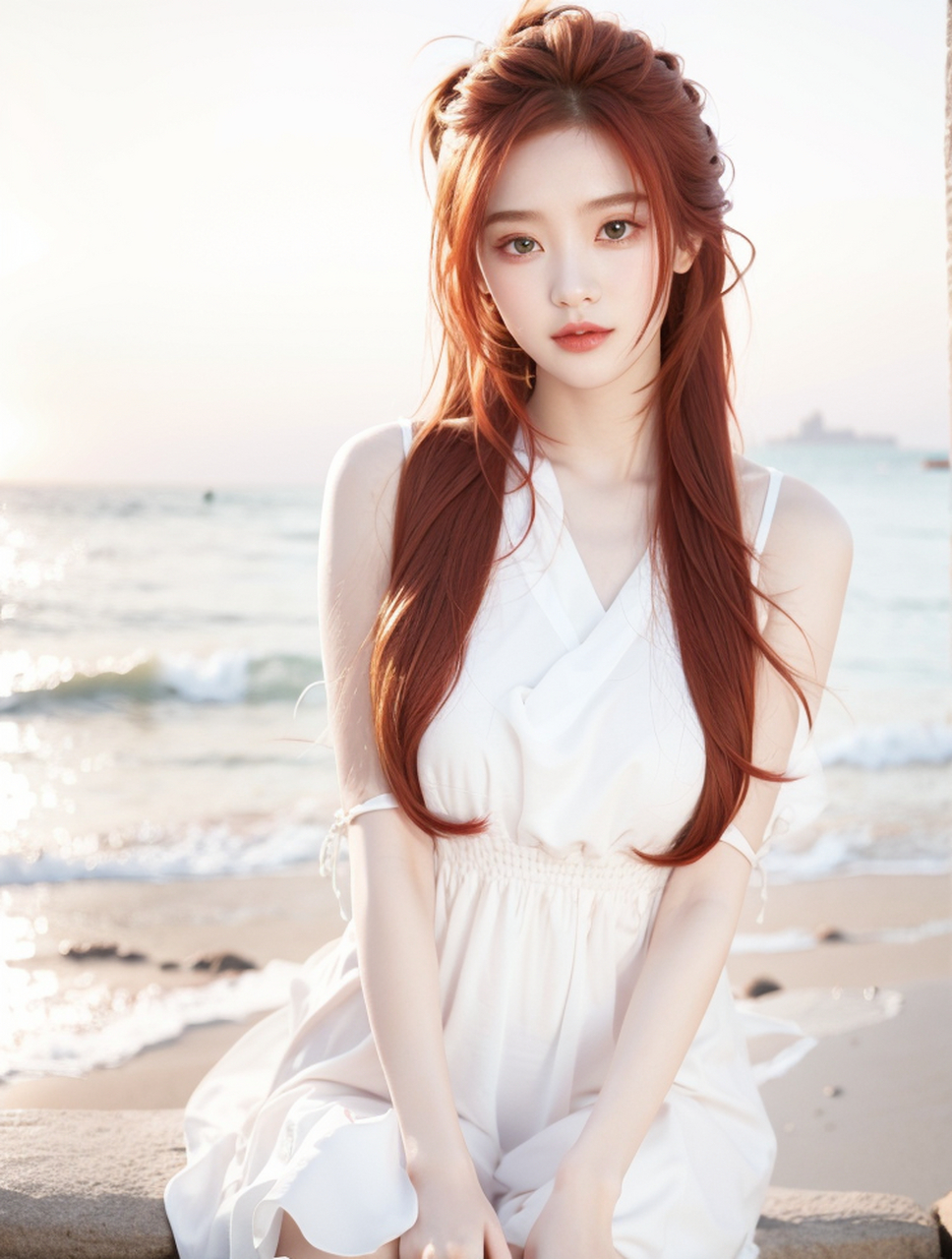 绝色红发美少女海边写真艺术照,个性美女人像高清壁纸