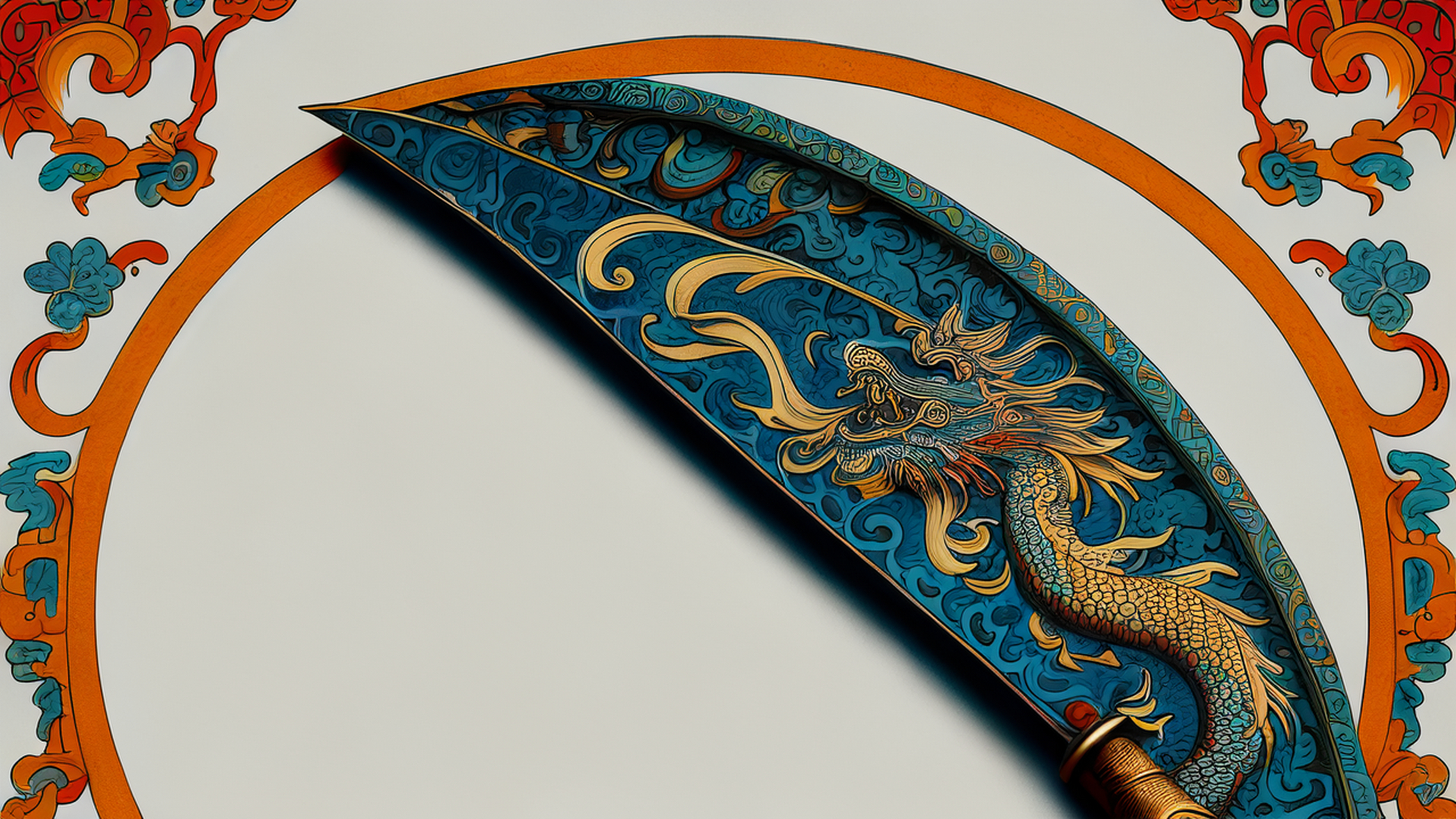 一把长刀,刀上画着青龙,刀的形状像掩月.又名"青龙偃月刀".