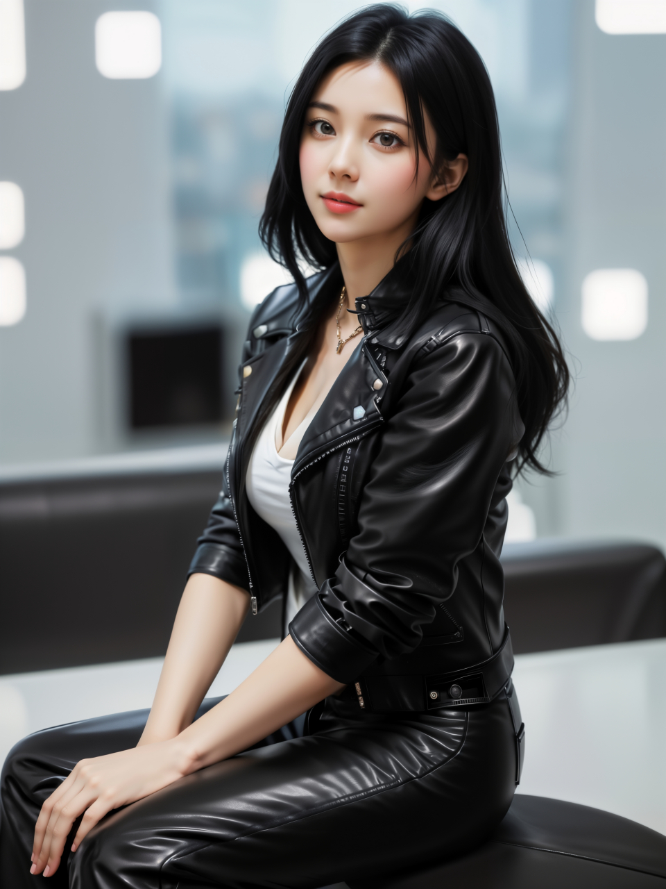 #ai美女图片#每日ai美女秀	那位小姐姐披着黑色皮夹克,给人一种酷帅的