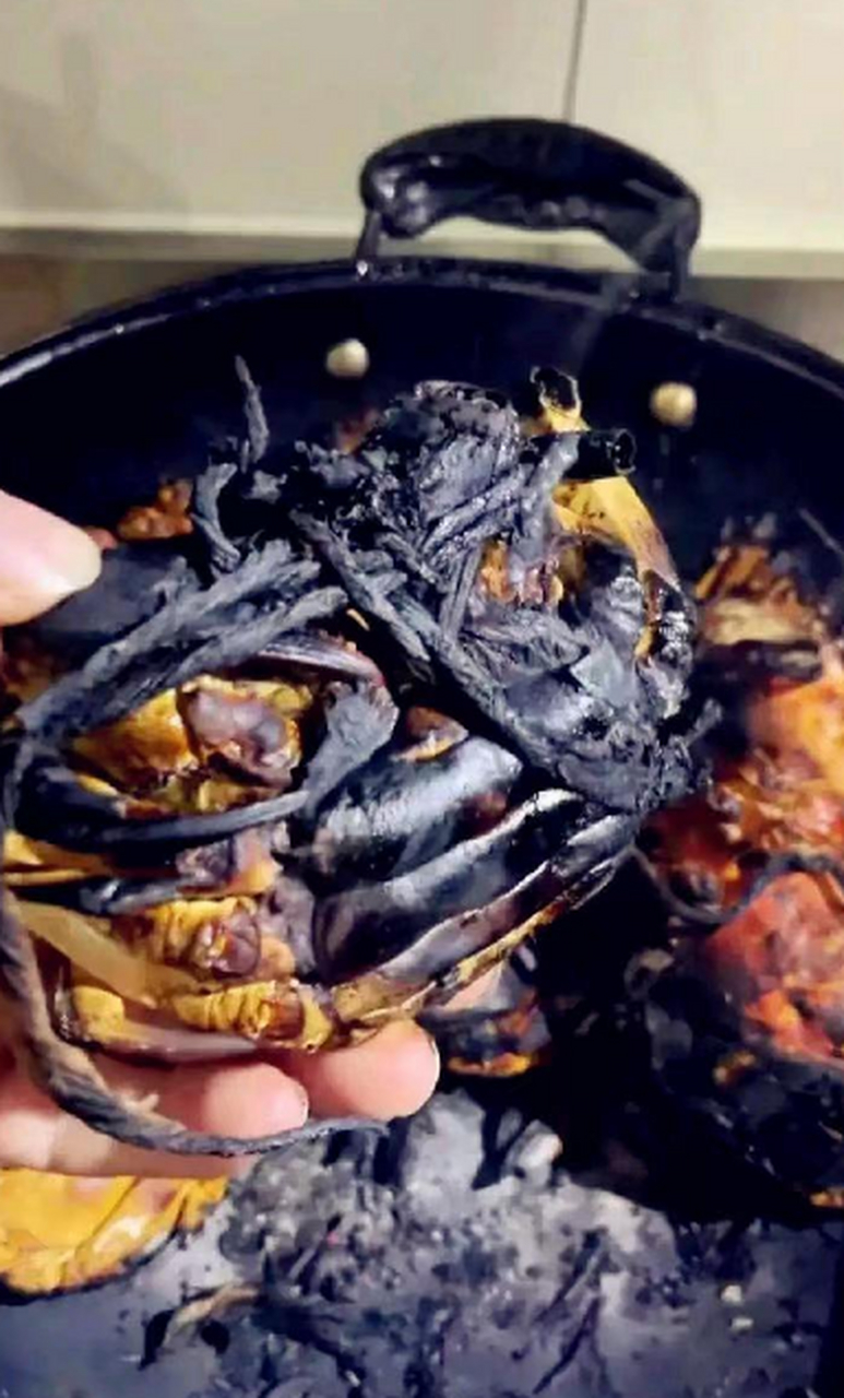 煮螃蟹没注意水,螃蟹都糊了