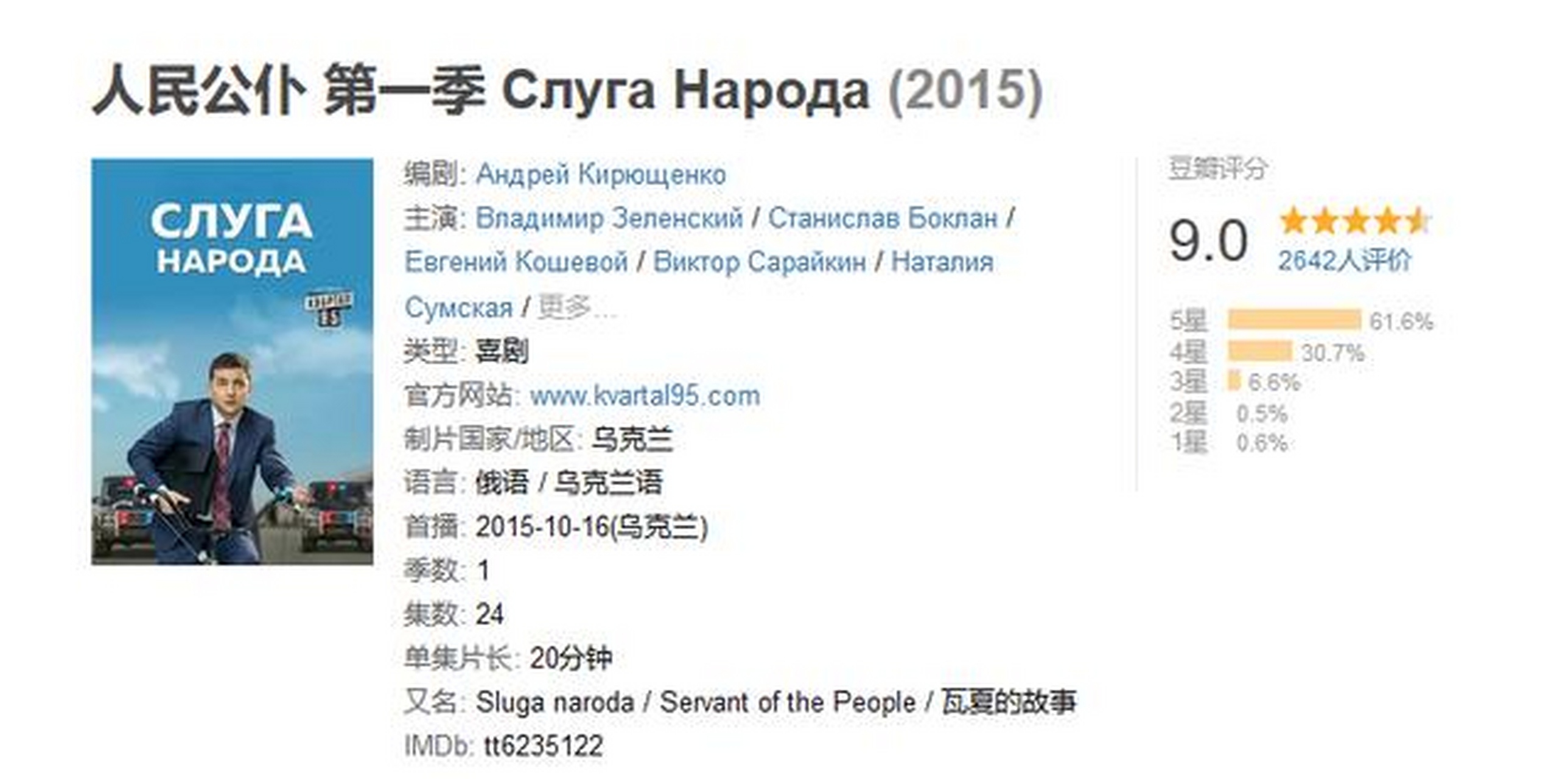 电视剧《人民公仆》,弗拉基米尔·泽连斯基主演,豆瓣9.0分.