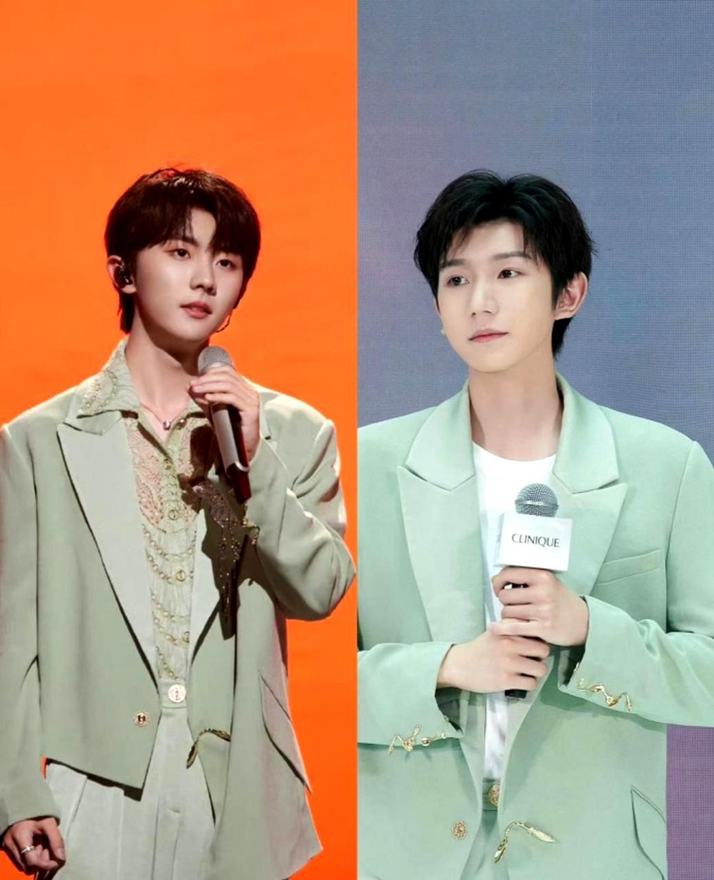 王源和马嘉祺都穿着同款绿色西装,看起来真的很棒!