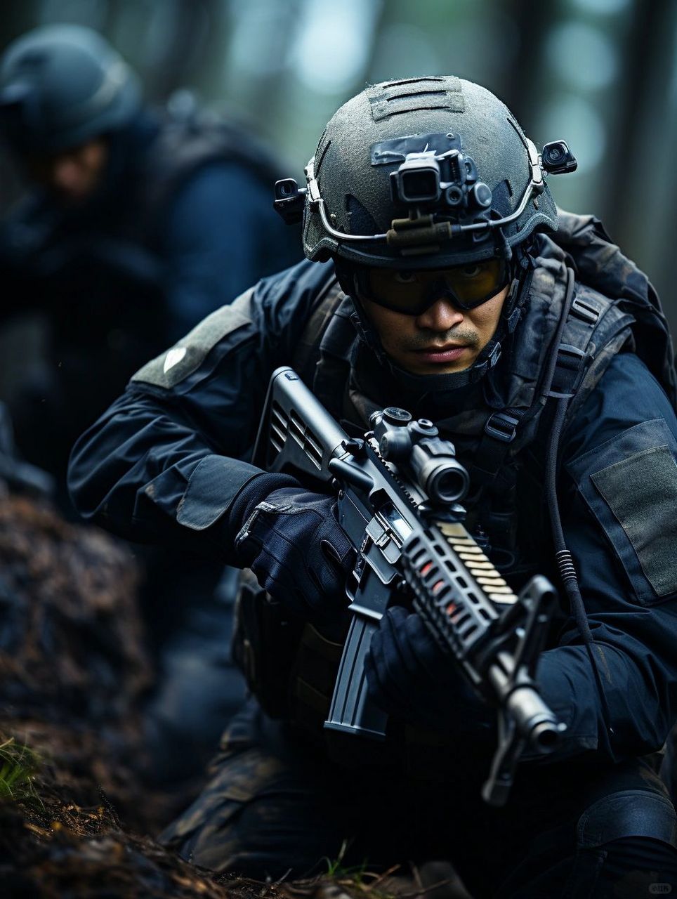 军人就要浴血奋战   全副武装打扮特种部队士兵, 穿着黑色战斗服,战术