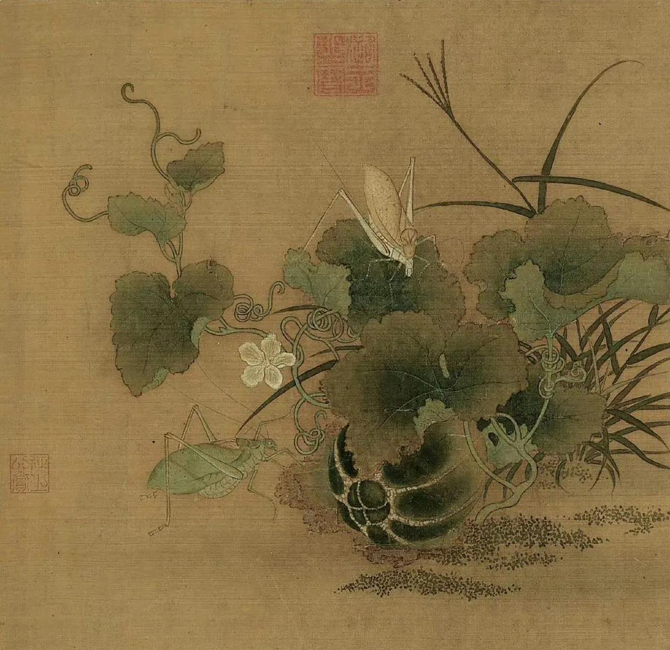 《螽斯绵瓞图》写的是《诗经》"螽斯振振,瓜瓞绵绵"之意,绘田间一角